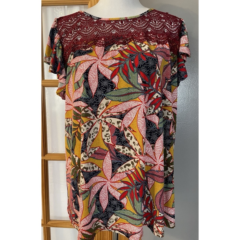 70s Floral Pullover Boho Top 2X Crochet Accent Pink Burgundy Cottagecore Mexico